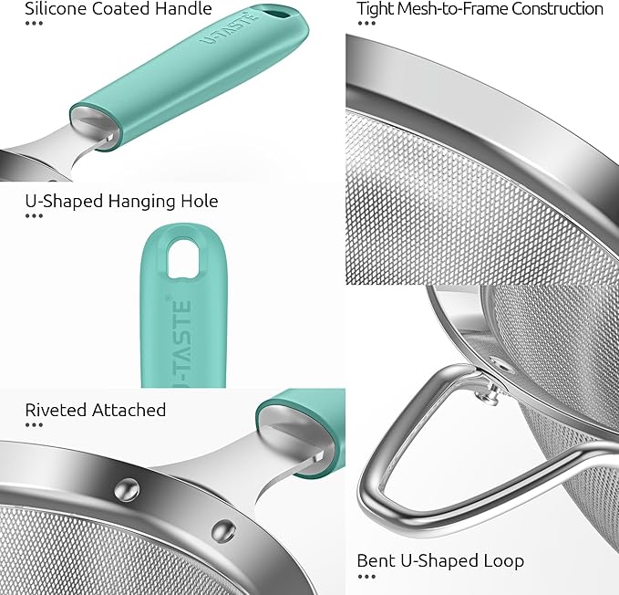 U-Taste Small Fine Mesh Strainer: 18/8 Stainless Steel 3.35in 30 Mesh Kitchen Food Sieve with Sturdy Riveted Silicone Handle