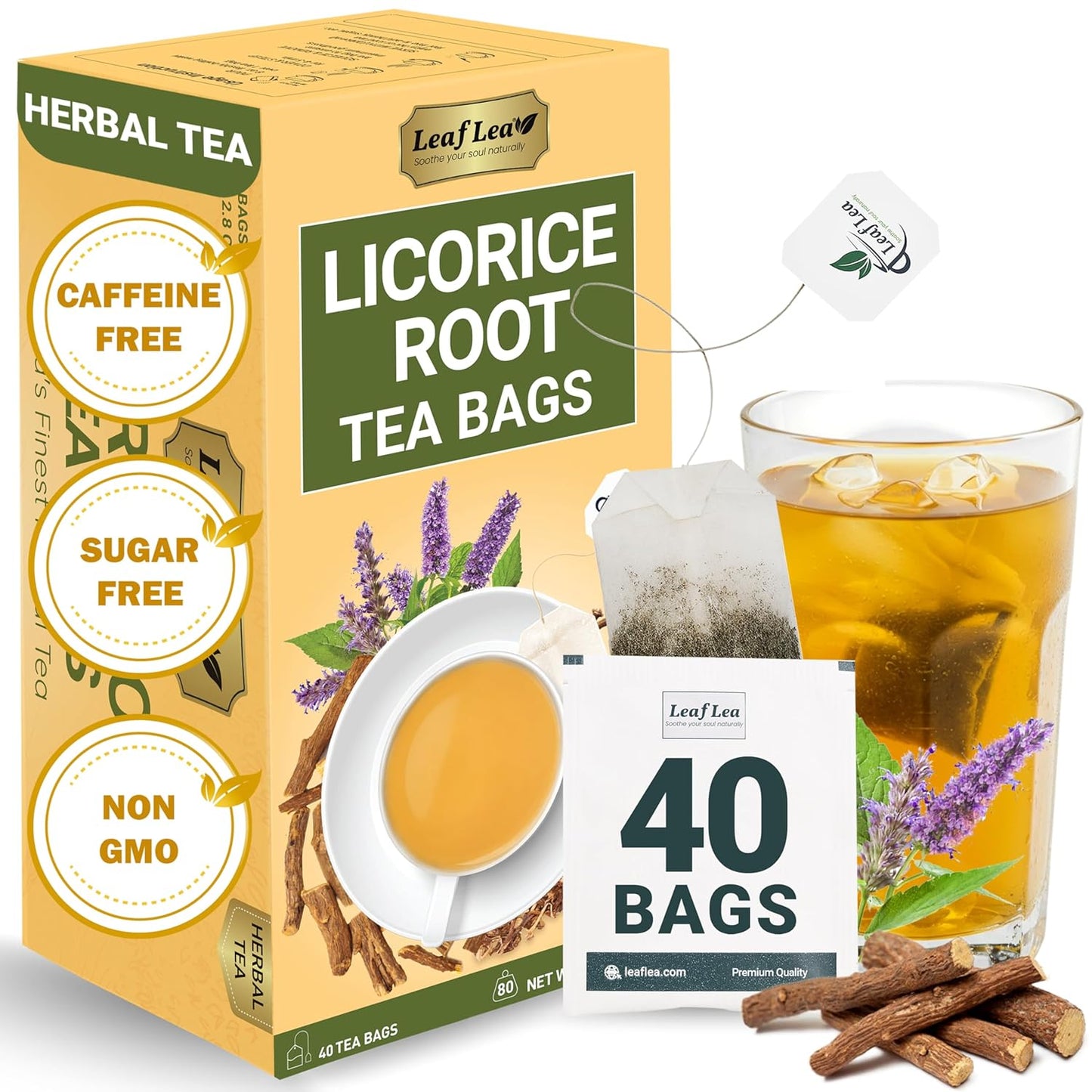 LeafLea Licorice Root Tea Bags, Caffeine-Free Naturally Sweet, 40 Count | Pure Egyptian Licorice Spice, Single Ingredient, Sugar-Free &amp; Vegan, Foil-Wrapped for Lasting Freshness