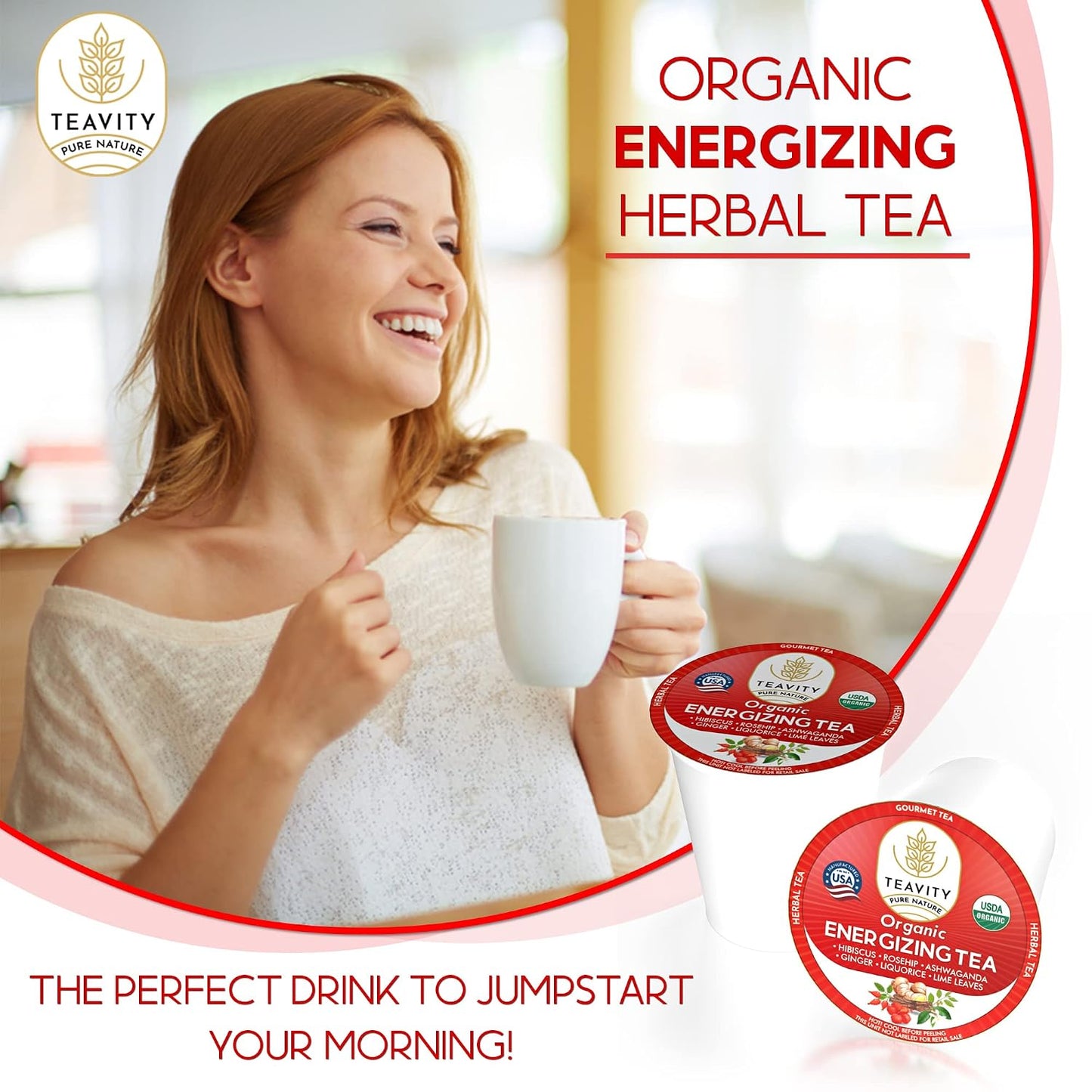 Organic Ashwagandha Tea Pods for Keurig with Ginger, Licorice, Organic Hibiscus Sabdariffa, Rosehip, &amp; Lime - Decaf Herbal Tea - Energizing Tea by Teavity (12 Count (Pack of 1), Organic Energizing Tea)