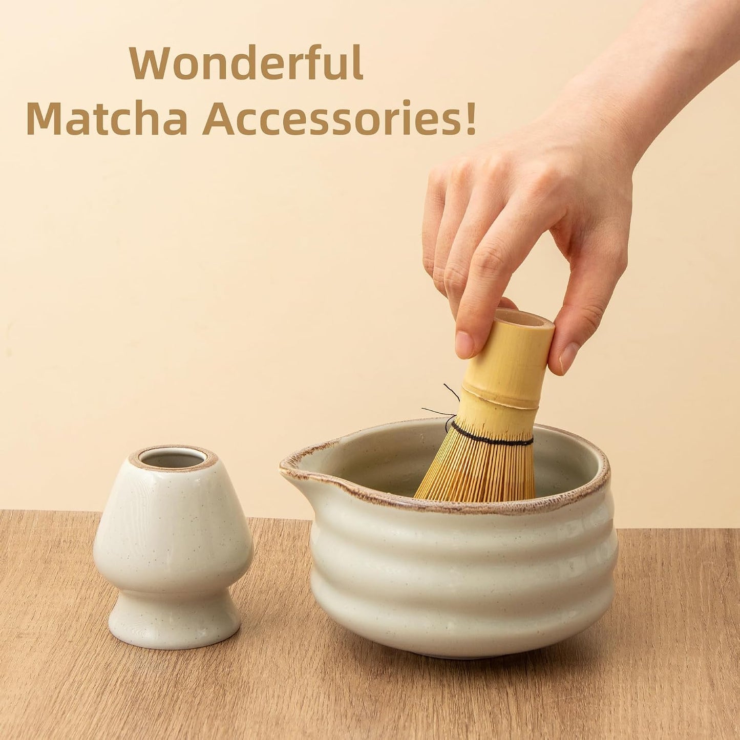 Ceramic Matcha Bowl with Bamboo Whisk Holder, Grey, Set of 2 | 16.5OZ Bowl with Spout and Measurement Marks, Japanese Tea Mixing Bowl with Whisk Stand, Matcha Gift Set, Ideal Gift Choice