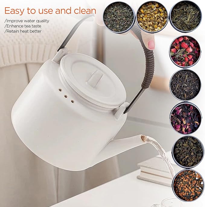 Small Stove Safe Ceramic Teapot with Cold Touch Curved Handle (27oz) - Hand-Glazed Finish - Suitable for Boiling Water and a Variety of Teas and Herbs - Matte Black-White