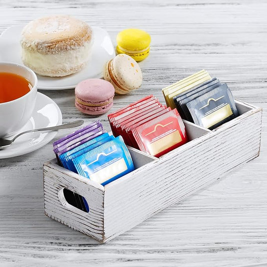 Drastar Tea Bag Organizer with 3 Slots, Wooden Sugar Packet Holder, Mini Tea Bag Caddy Box for Countertop, Retro White