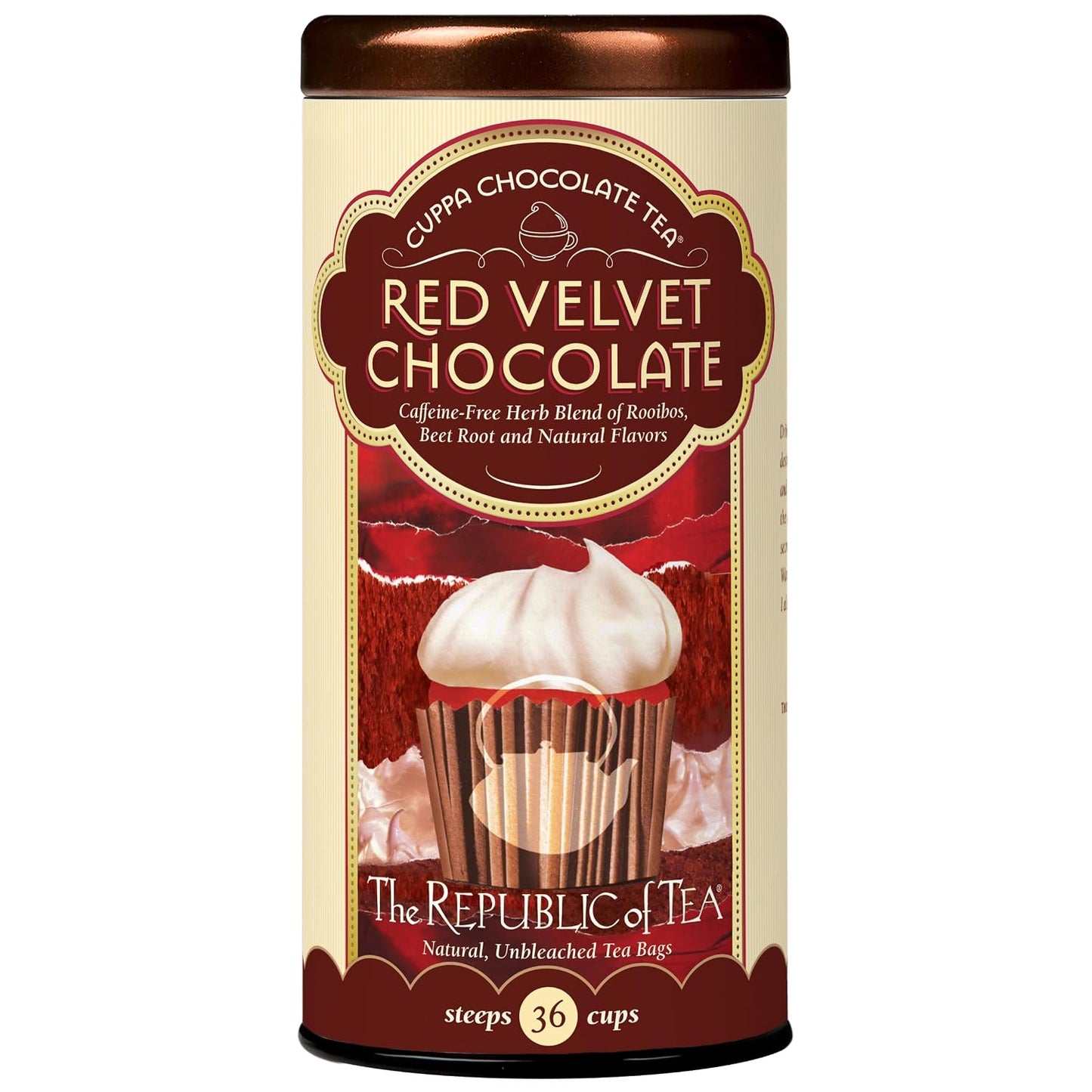 The Republic of Tea Cuppa Chocolate Red Velvet Herbal Tea, 36 Count | Caffeine Free. Suitable for day or evening sipping. Mellow rooibos with notes of soft vanilla and cocoa richness.