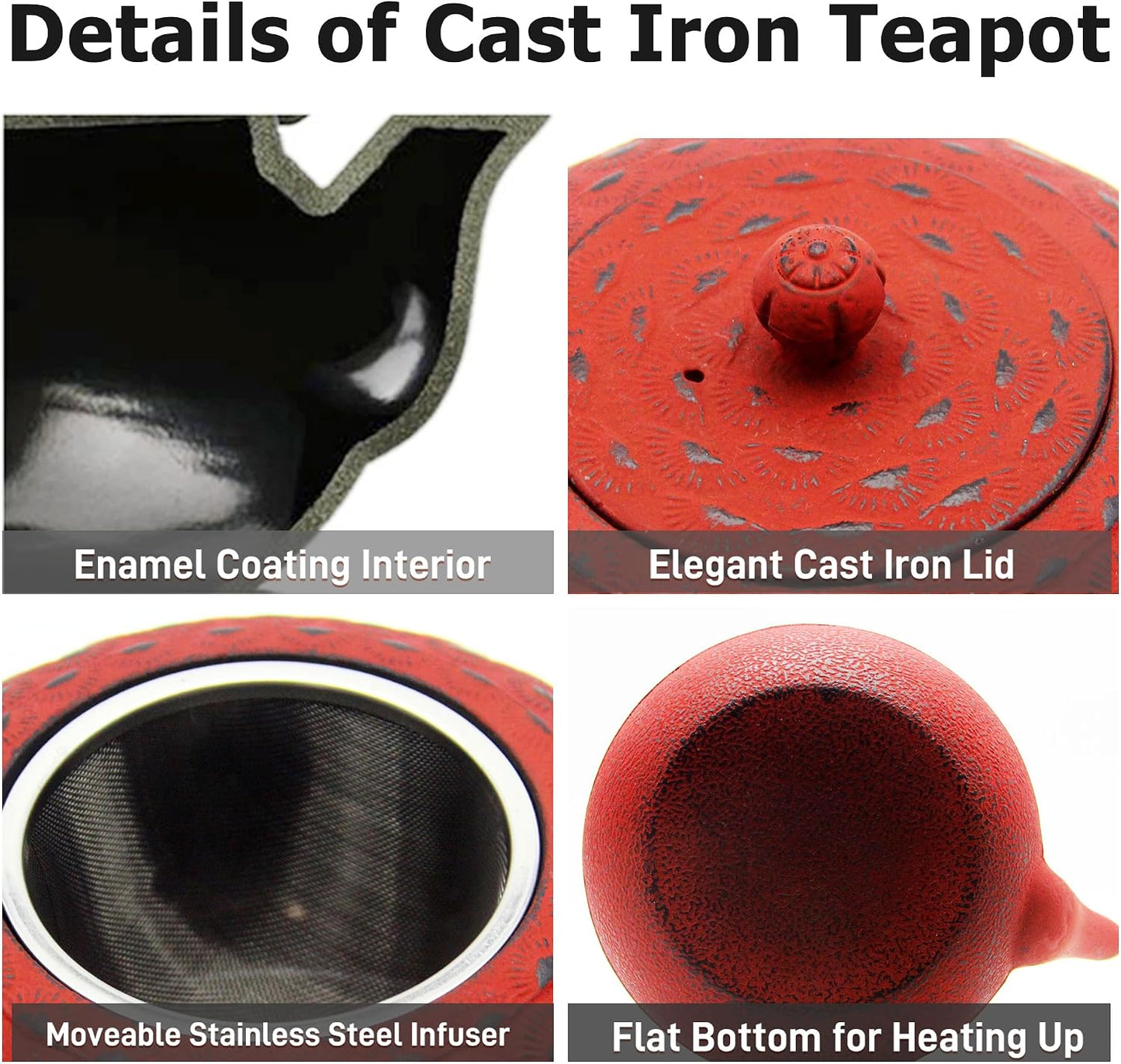 YJX 60.9 fl oz Cast Iron Teapot, Large Tea Kettle for Stove Top, Red Tea Pot with Stainless Steel Infuser for Loose Tea, 1.8L Japanese Enameled Metal Teapot