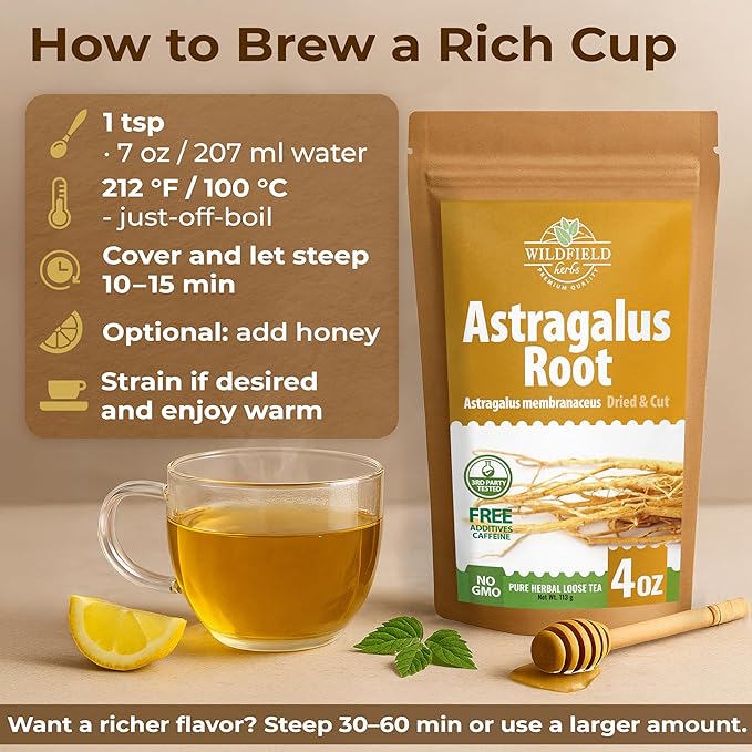 WILDFIELD HERBS 4 oz. Astragalus Root Herbal Tea – 113g Dried Astragalus Root Tea Huang Qi Raíz de Astrágalo