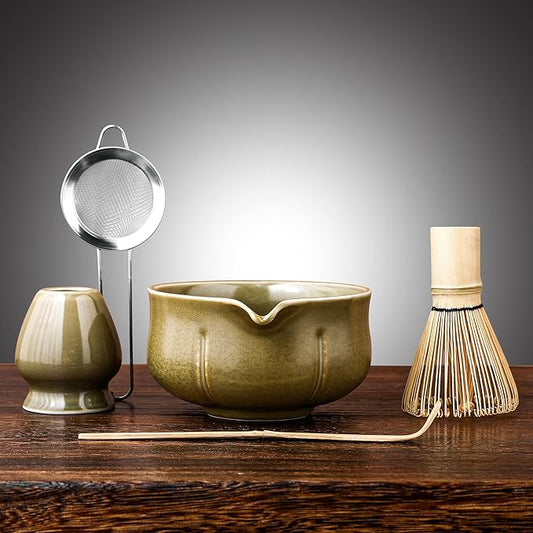 Matcha Whisk Set – 5 Piece Japanese Matcha Tea Set w/Ceramic Matcha Bowl, 100-Prong Bamboo Whisk & Holder, Scoop, & Stainless Sifter – Traditional Matcha Making Kit (Mottled Green)