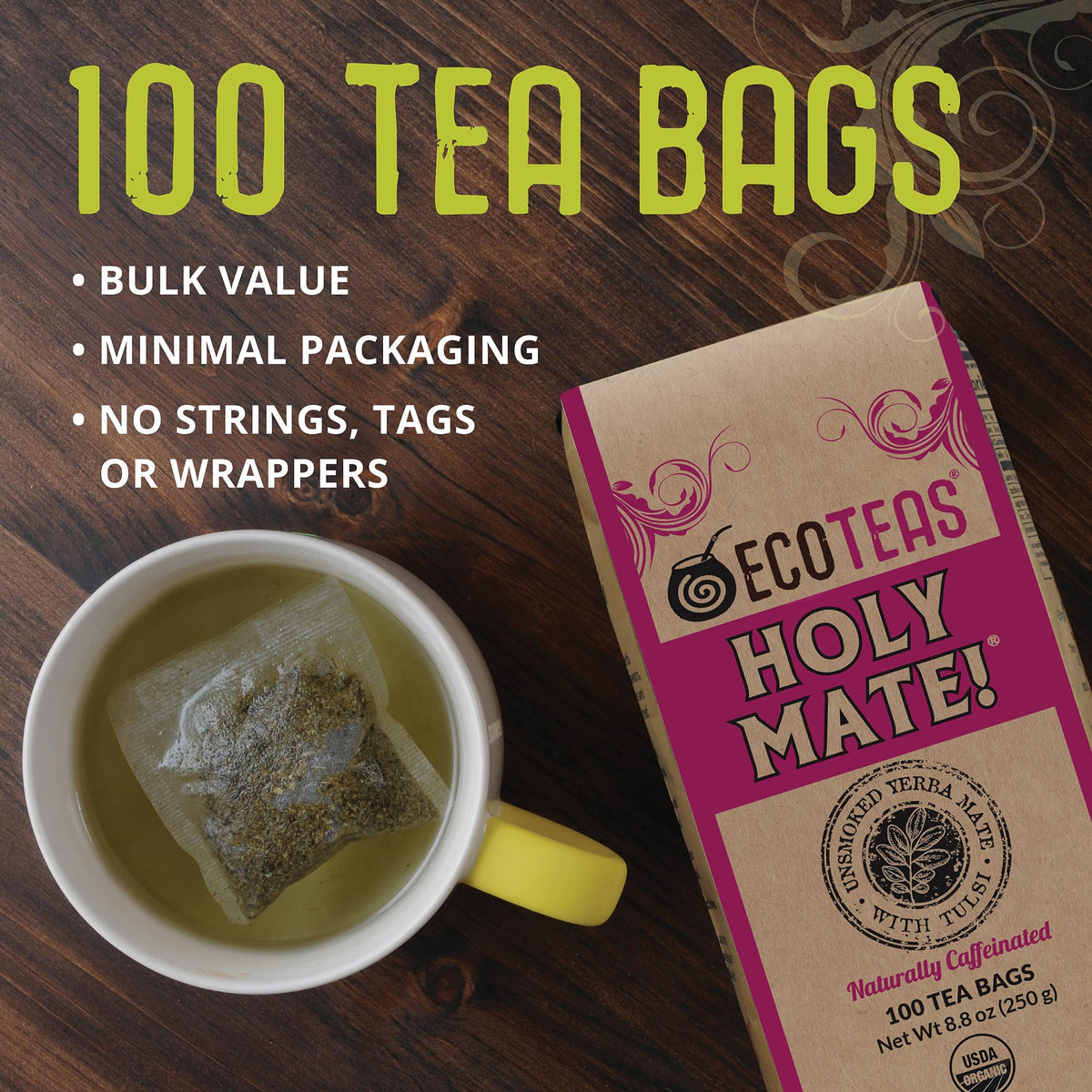 ECOTEAS Holy Mate! Organic Yerba Mate Tea Bags with Tulsi & Mint 100 Count