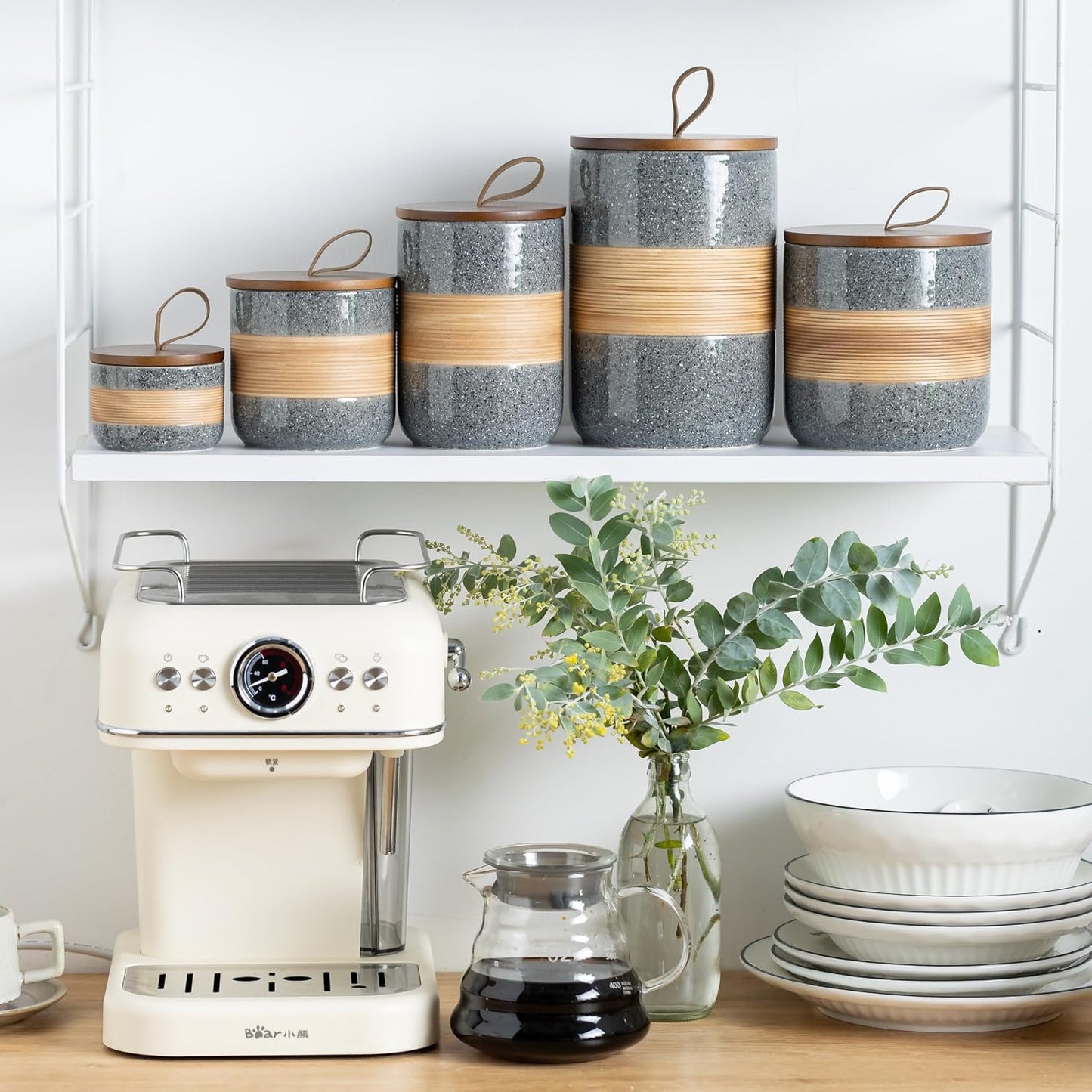 Miamolo Ceramic Coffee Container, Coffee Jar for Kitchen Counter Keep Fresh | Coffee Canister with Airtight Lid, for Tea Matcha Storage | Modern Farmhouse Countertop, for Coffee Enthusiasts | Grey &amp; 18oz