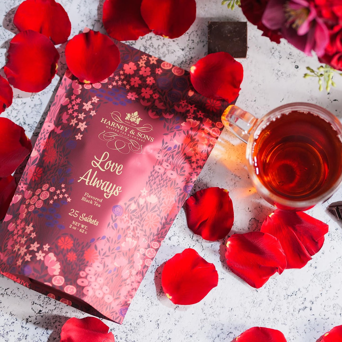 Harney &amp; Sons Love Always Black Tea Sachets, Chocolate &amp; Rose, 25 Count | Black tea with chocolate, vanilla and rosebuds. 25 sachets. Contains caffeine.