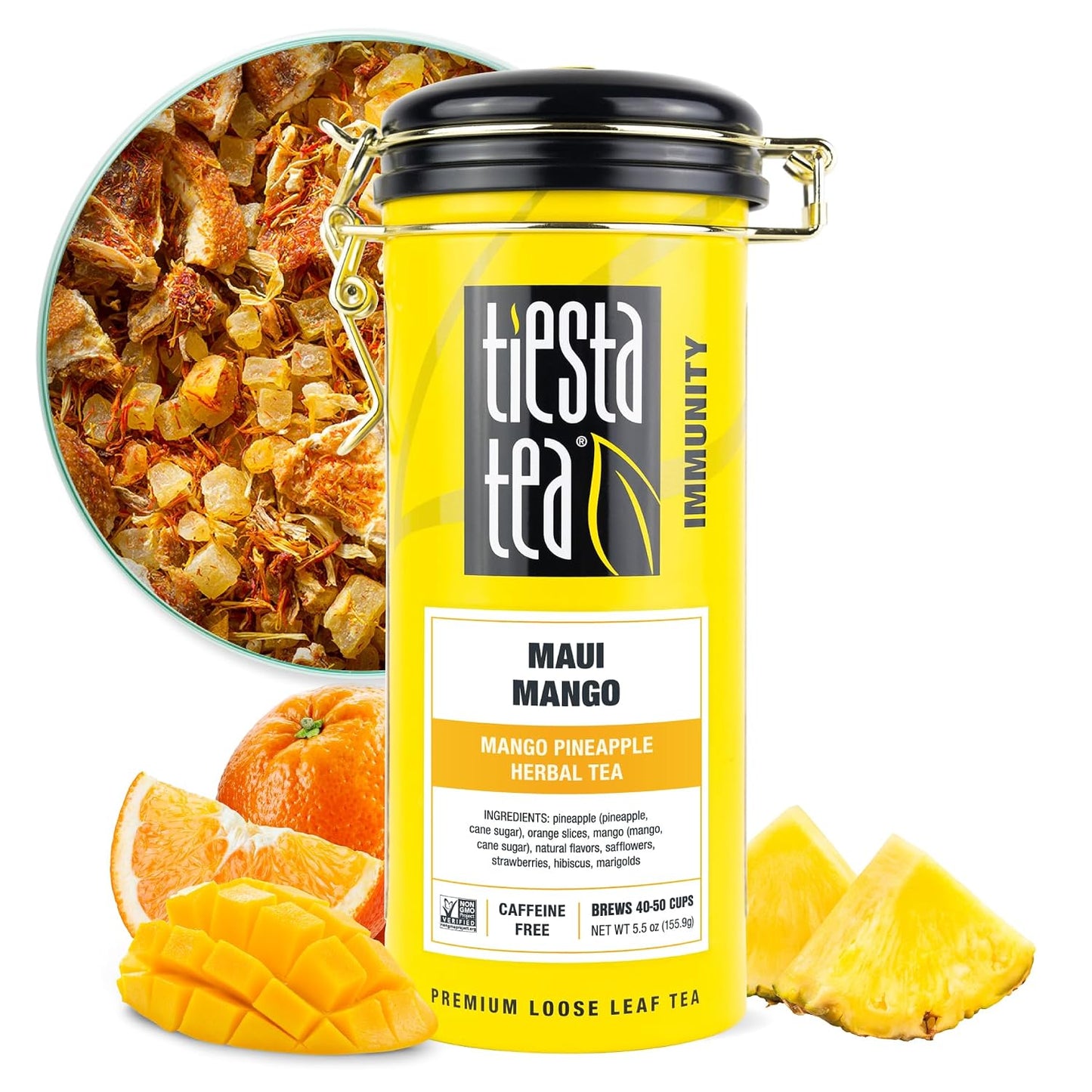 Tiesta Tea Maui Mango, Loose Leaf, Mango Pineapple Herbal Tea | Premium Non-Caffeinated Fruit Blend, Makes Hot or Iced &amp; Brews Up to 50 Cups, 5.5 Ounce Refillable Tin