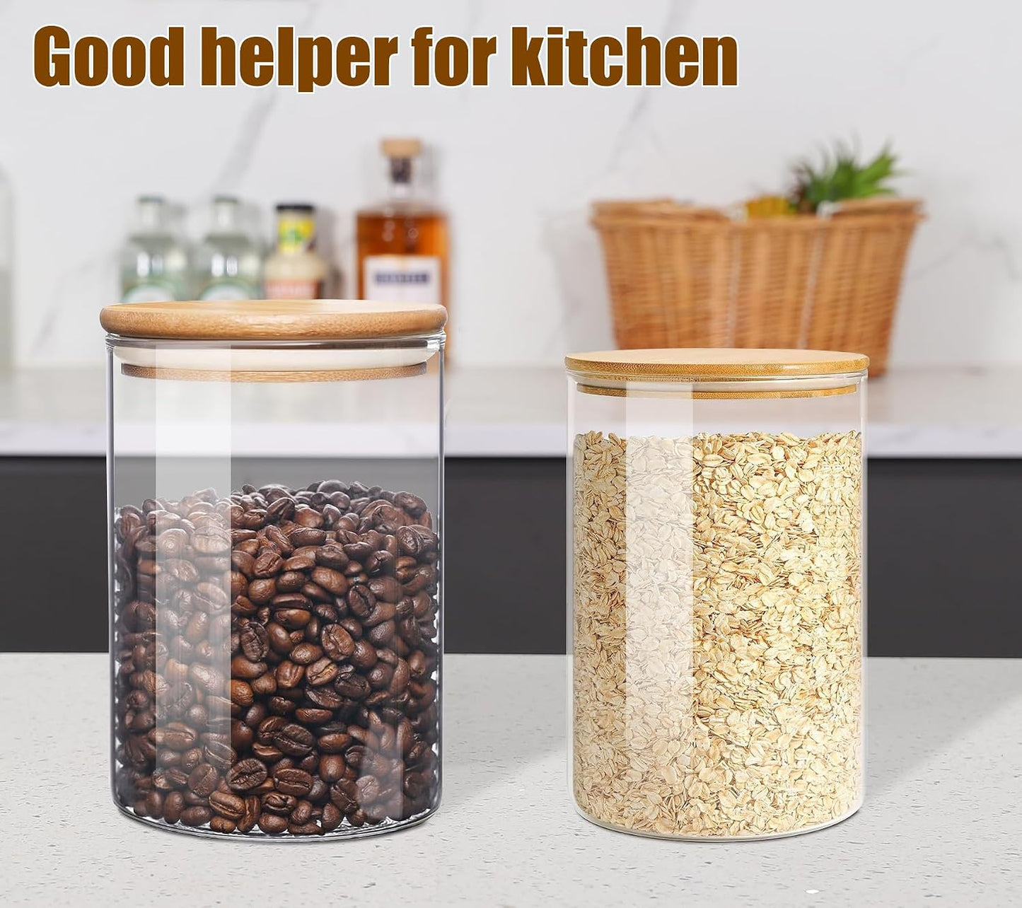 Glass Food Storage Jars with Airtight Lids, Clear Glass Jar with Bamboo Lid, Airtight Food Canister for Tea, Candy, Coffee, Sugar, Cookie, Snack. (Round | 5+6 Inch | 33+17 oz)
