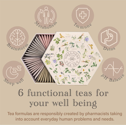 ACORUS Wellness Tea Set – Natural Herbal Tea Variety Pack, Gift Set of 6 Different Teas, 60 Bags Individually Wrapped, H