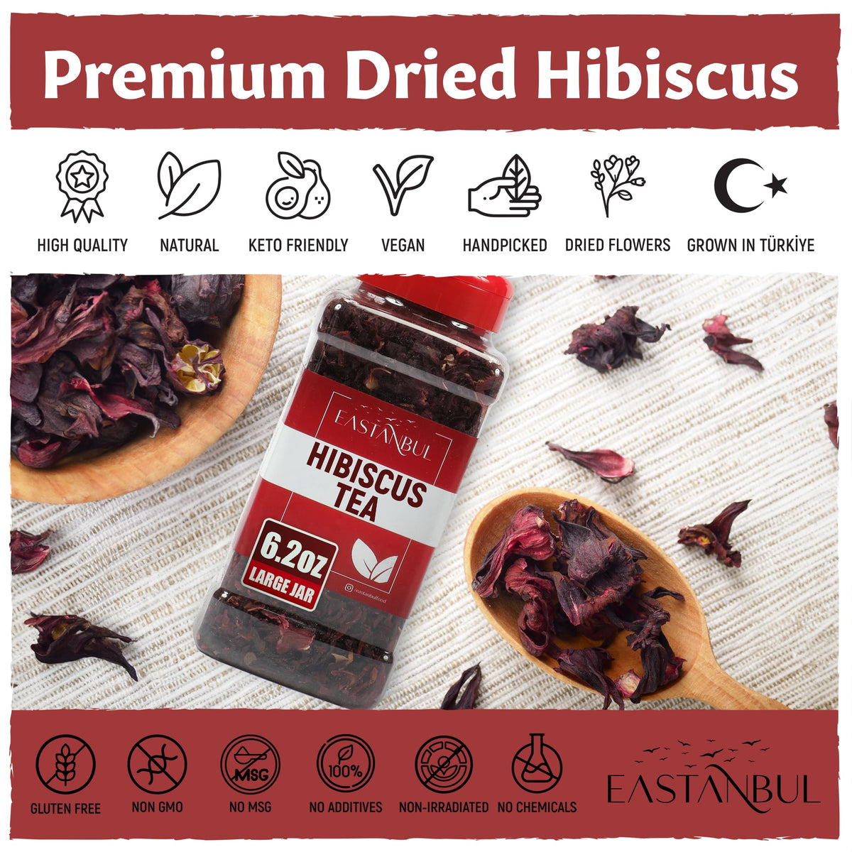 Eastanbul Hibiscus Tea Loose Leaf, Natural, Caffeine Free, Vegan, 6.2oz