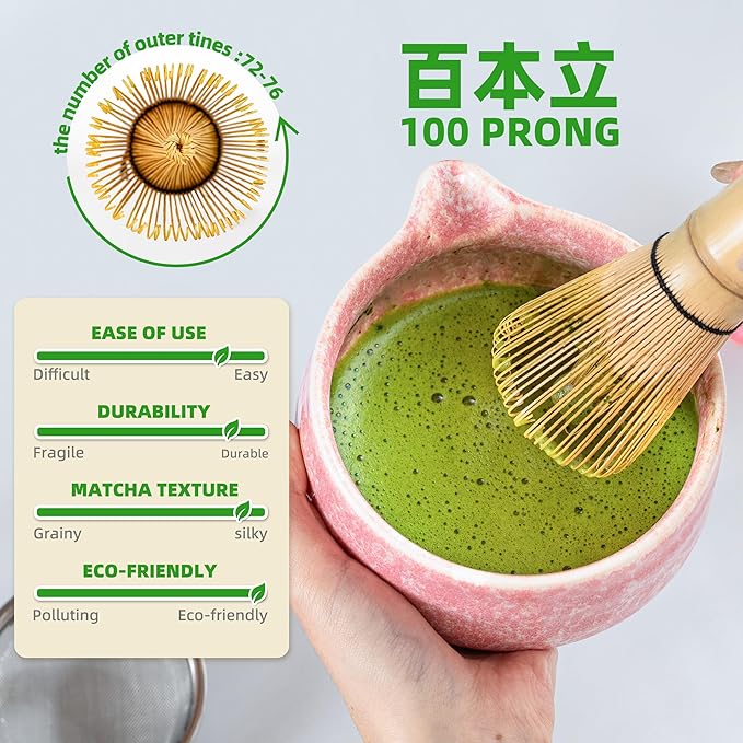 Teanagoo Matcha Whisk Set,7 Pcs Matcha Set Pink for Making Latte,Ceramic Bowl(chawan) whith Spout and Whisk,Gift for Friend/Family