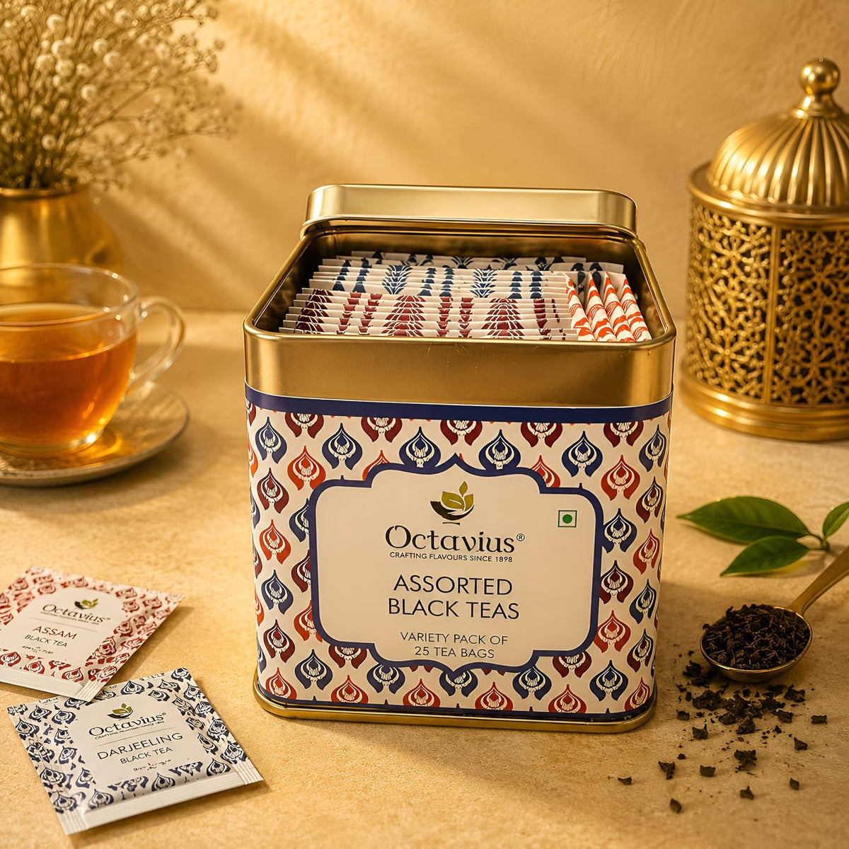 Octavius Assorted Black Tea Sampler Pack – 25 Tea Bags, 3 Flavors: Darjeeling, Assam, Indian Masala | Premium Black Tea