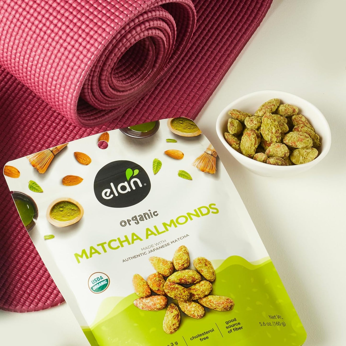 Elan Organic Matcha Almonds, 5.6 oz, Non-GMO, Gluten-Free, Vegan, Kosher, Superfood Infused Nuts (Roasted Almonds, Coconut, Matcha Green Tea Powder), Source of Antioxidants (Vitamin A)