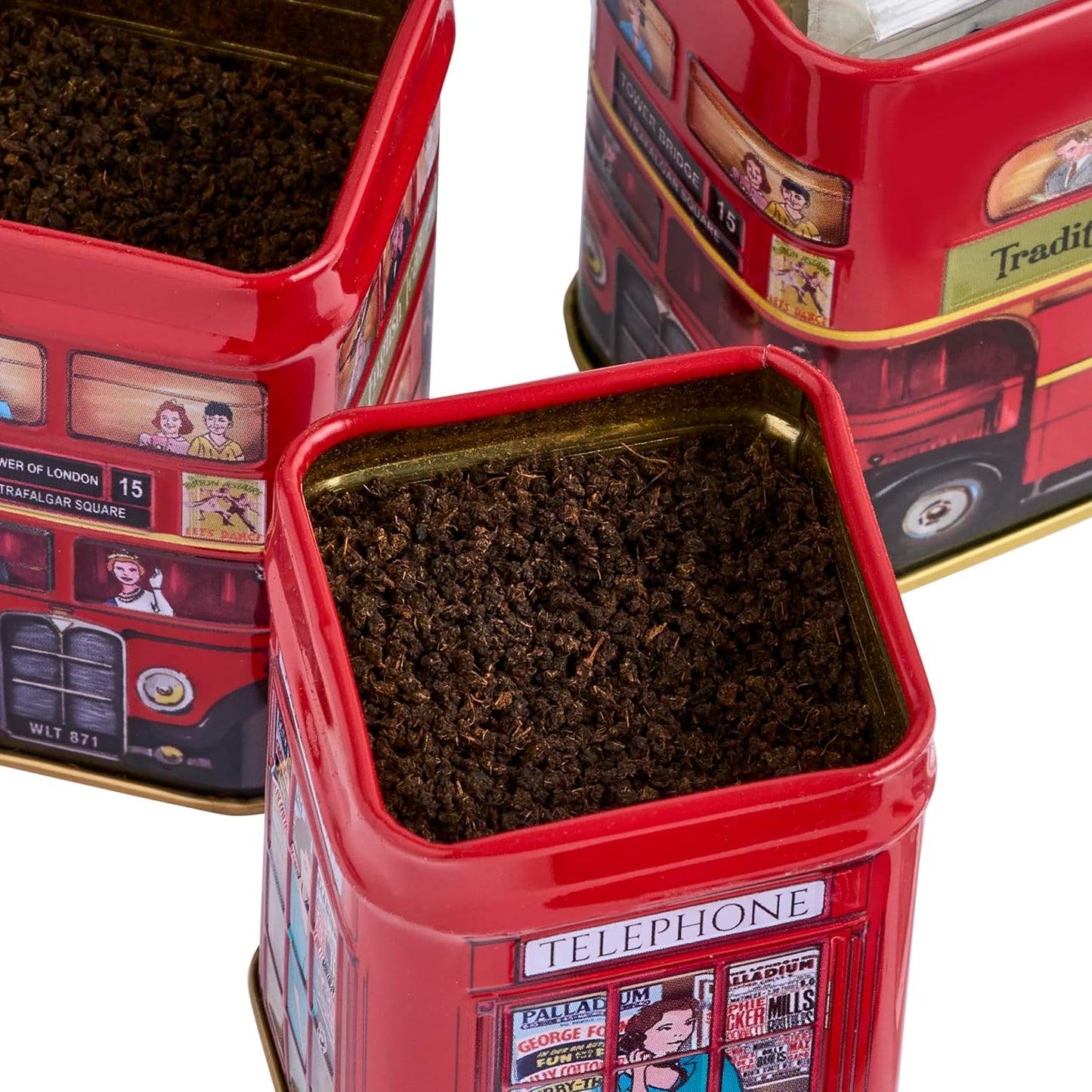 New English Teas British Tea Tin Set with 2 oz Loose Leaf Tea &amp; 10 Tea Bags | London Souvenir Gift, Post Box, Red Bus, Telephone Box – English Breakfast Tea, Black Tea