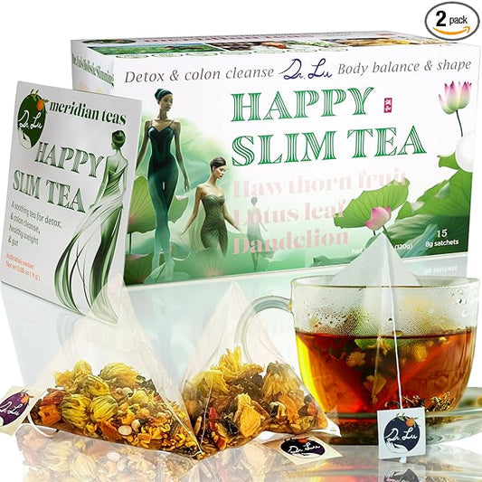 Dr. Lu’s Happy Slim Tea | 100% Natural Detox Tea for Body Balance & Shape | Colon Cleanse tea for Bloating & Digestion | 11 Inno-Cleanse Herbs incl. Hawthorn, Lotus Leaf, Burdock, Dandelion | Laxative-Free