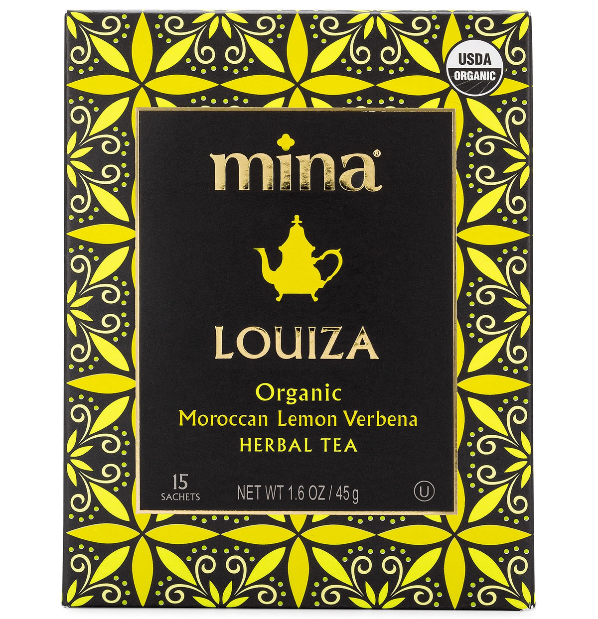 Mina Louiza Organic Moroccan Lemon Verbena Herbal Tea, Caffeine Free, Kosher, USDA Certified Organic, 15 Tea Bags