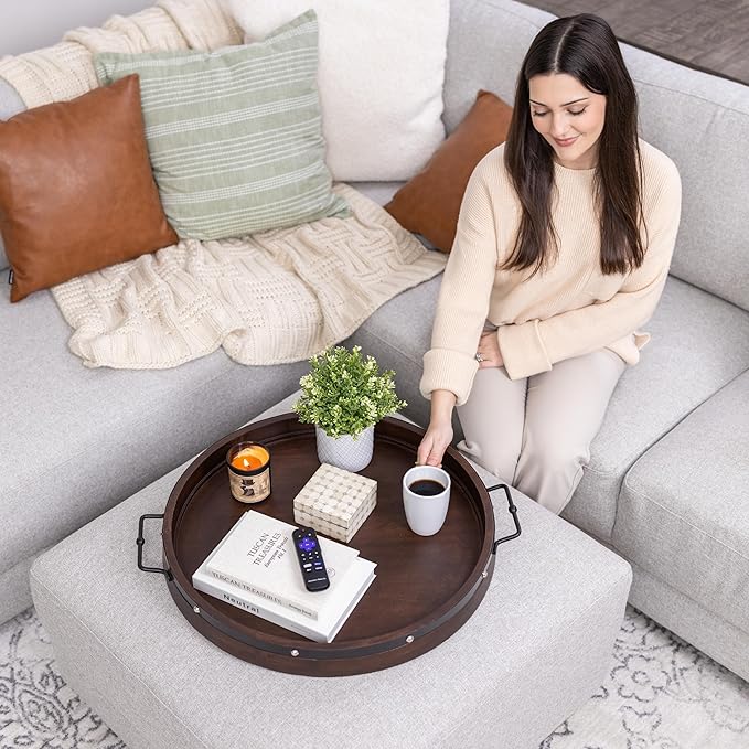 20" Extra Large Round Ottoman Tray, Heavy Duty Mango Wood, for Serving Tea, Breakfast in Bed