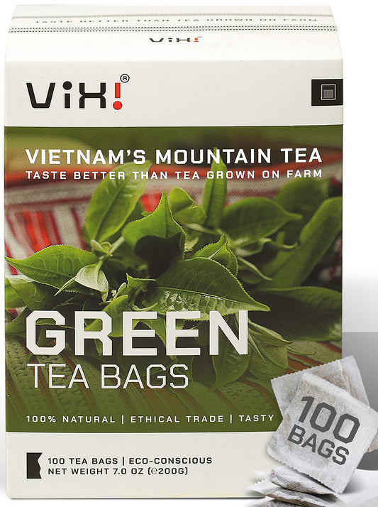 VIXI Green Tea Bags, 100 Counts, Vietnam's Mountain Tea, Antioxidant, Caffeinated, Tagless, Plastic Free, Balanced Flavored