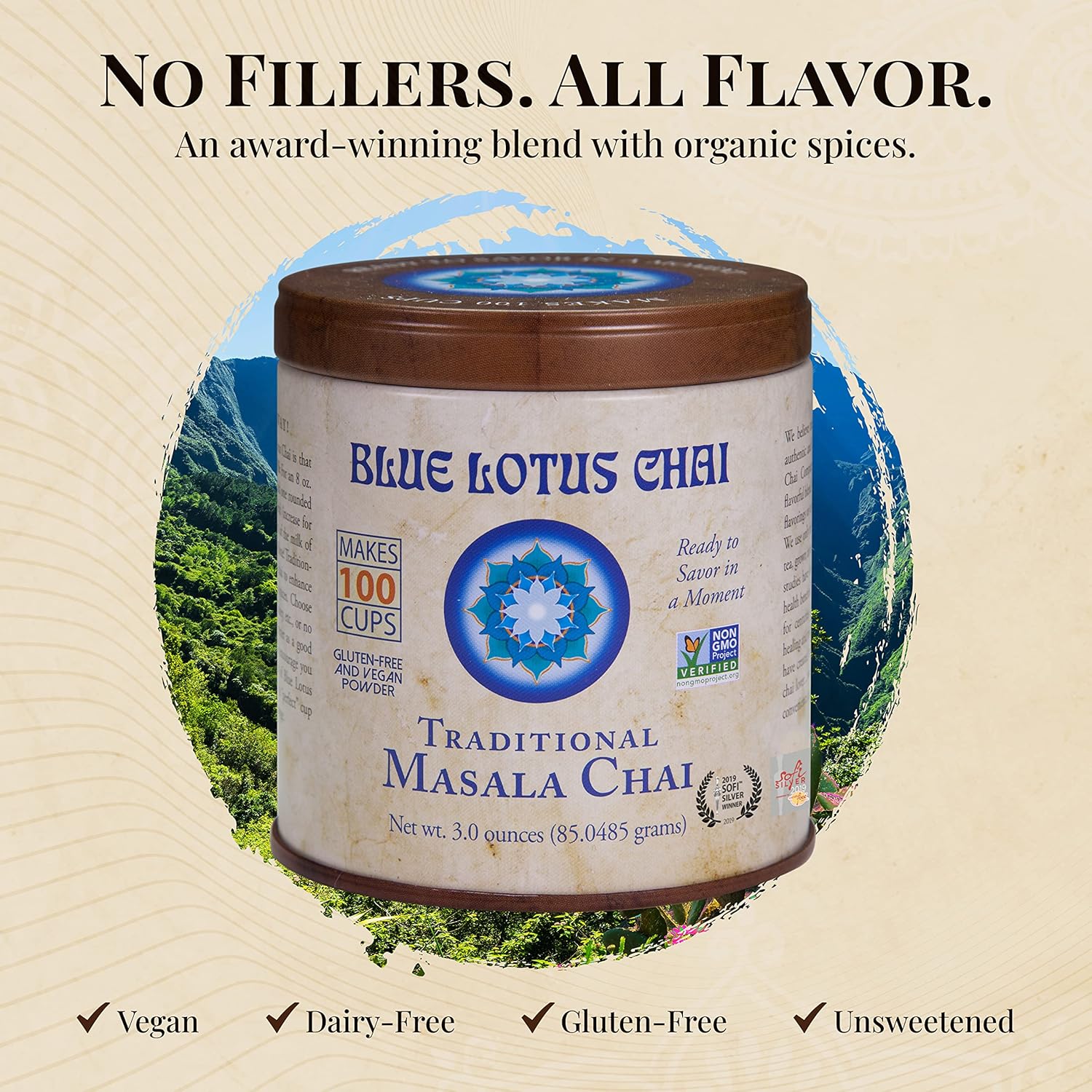 Blue Lotus Chai - Traditional Masala Chai - Makes 100 Cups - 3 Ounce Masala Spiced Chai Powder with Organic Spices - Ins