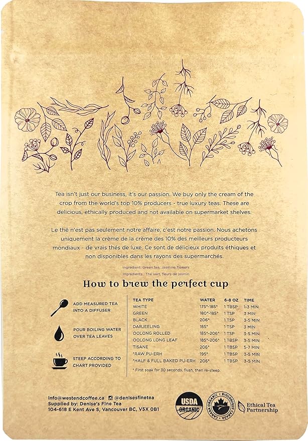 Denise's Fine Tea, USDA Organic, Jasmine with Flower, Green Tea, Loose Leaf (100g)