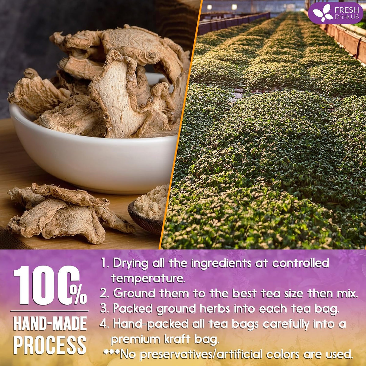 FreshDrinkUS, Premium 75 Ginger Tulsi Tea Bags, 100% Natural, Hand-made Blend of Ginger and Tulsi Holy Basil Leaves, Eco-conscious Tea Bags. Herbal Tea. No Sugar, No Caffeine, Vegan.