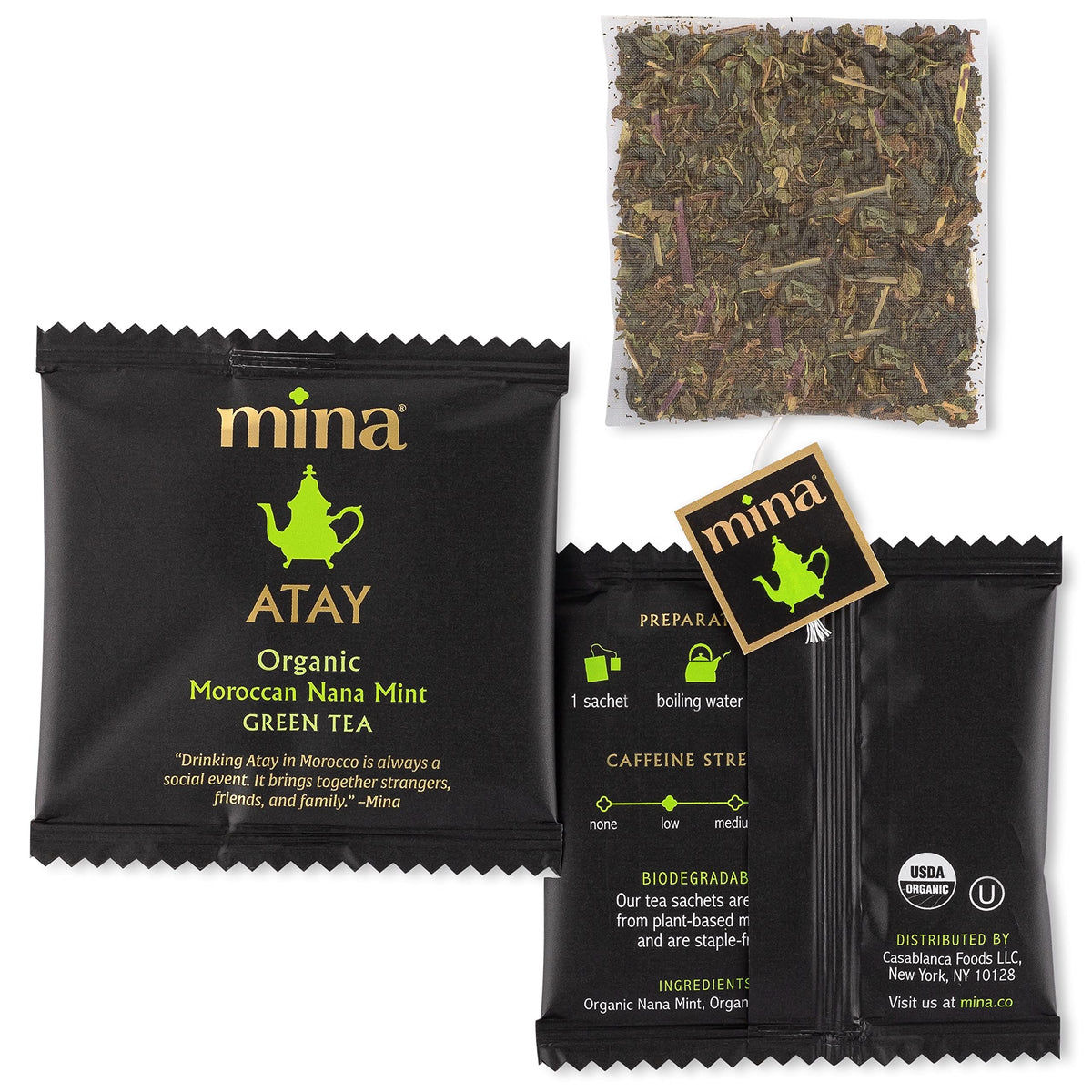 Mina Atay Moroccan Nana Mint Organic Green Tea, 15 Biodegradable Sachets - Refreshing Moroccan Mint Green Tea Bags, Moroccan