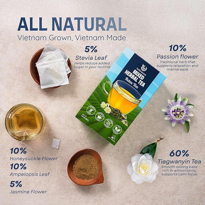VieTreasures Relax Herbal Tea with Jasmine Oolong – 2.8oz (40 Tea Bags) | Tieguanyin Base with Ampelopsis, Passionflower & Honeysuckle | Jasmine Infusion, Caffeine-Free, Relax & Digestive Support