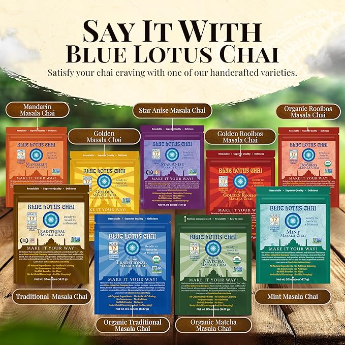 Blue Lotus Chai - Golden Rooibos Flavor Masala Chai - Makes 17 Cups - 0.5 Ounce Masala Spiced Chai Powder with Organic Spices - Instant Indian Tea No Steeping - No Gluten