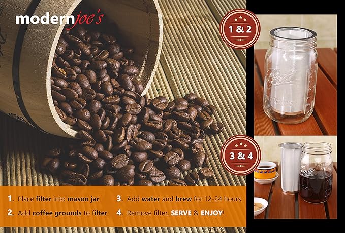 MODERNJOE'S Premium Infuser Cold Brew Coffee Maker for 1 Quart Wide Mouth Mason Jars. Cold Brew Coffee Filter. Iced Coffee and Tea
