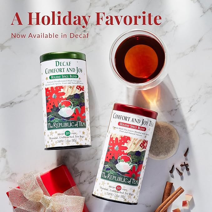 The Republic of Tea – Decaf Comfort and Joy Tea Tin, Decaffeinated, 50 Tea Bags