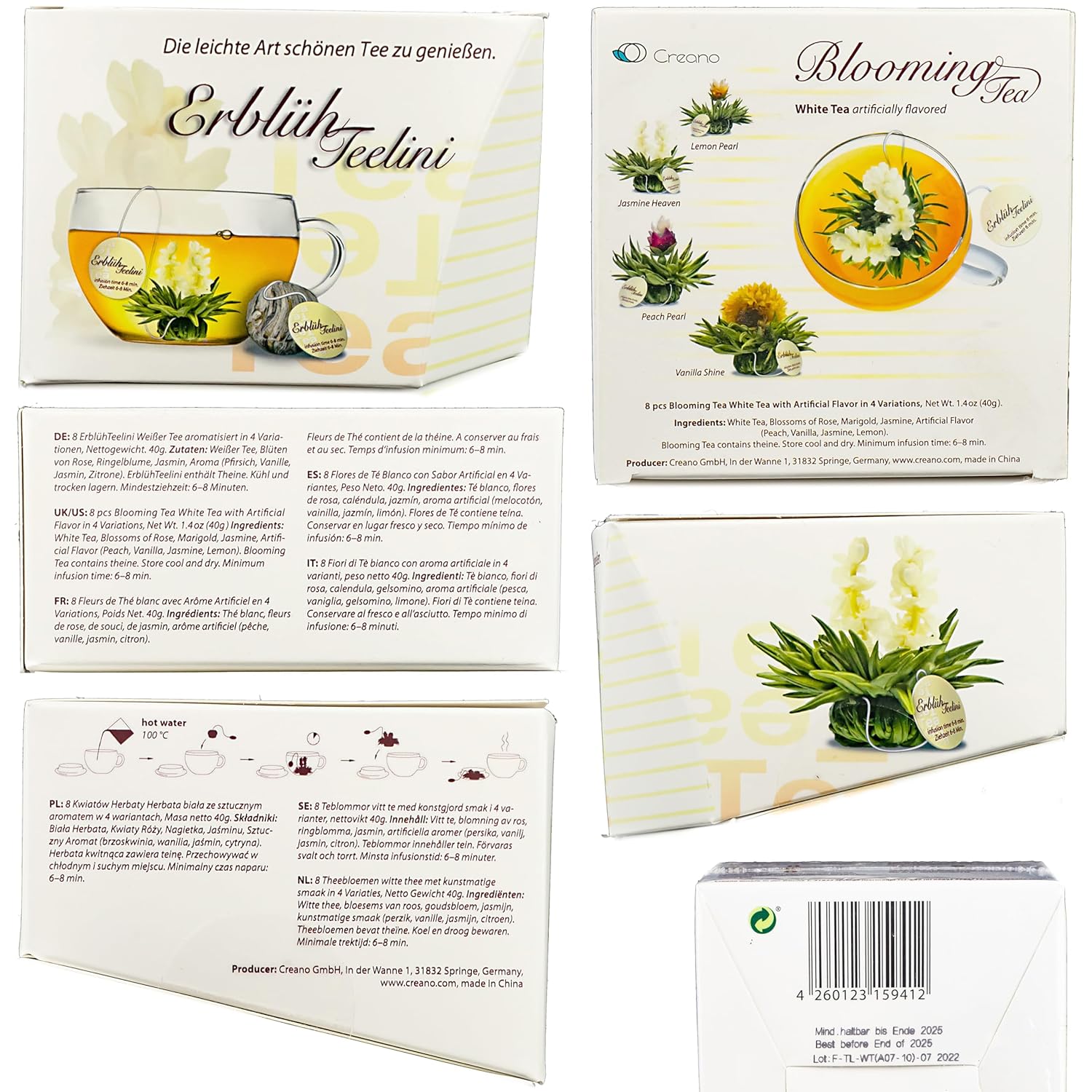 Creano Tea Flowers in Cup Size - Blooming Tea - 8 Flowering Tea in 4 Different Varieties - White Tea