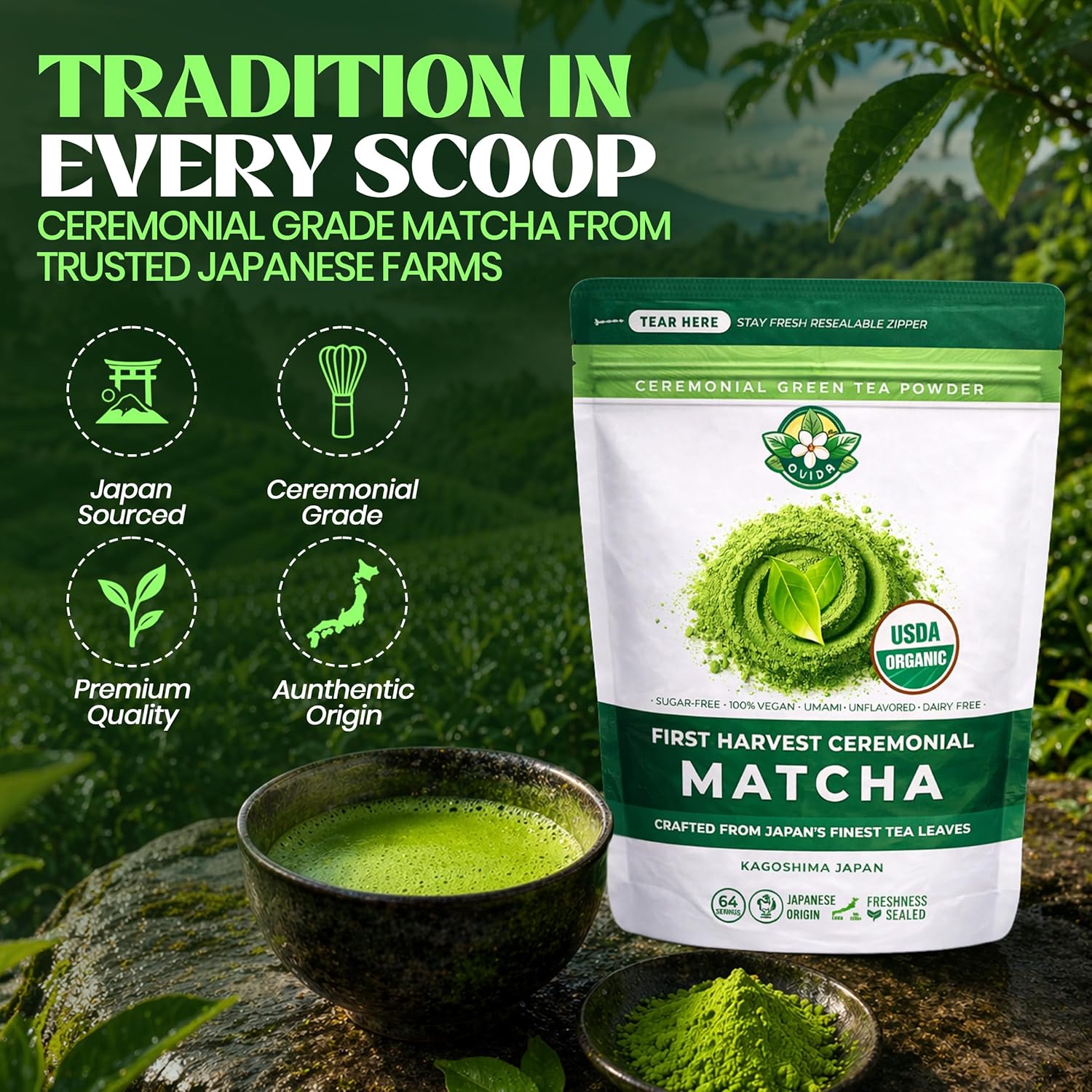 Ovida First Harvest Ceremonial Matcha Powder, Organic Japanese Green Tea Powder from Kagoshima, Stone Ground, Smooth Taste, Premium Matcha for Drinking, 127g