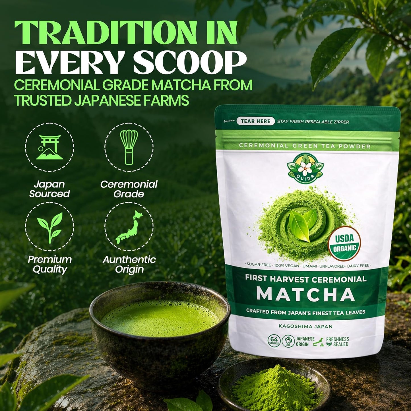 Premium Kimikura Kagoshima Matcha from Japan – Ceremonial Grade, USDA Organic, First Harvest Japanese Green Tea Powder, Stone Ground, Perfect for Starbucks Latte, Shake &amp; Baking (127g / 4.5 oz)
