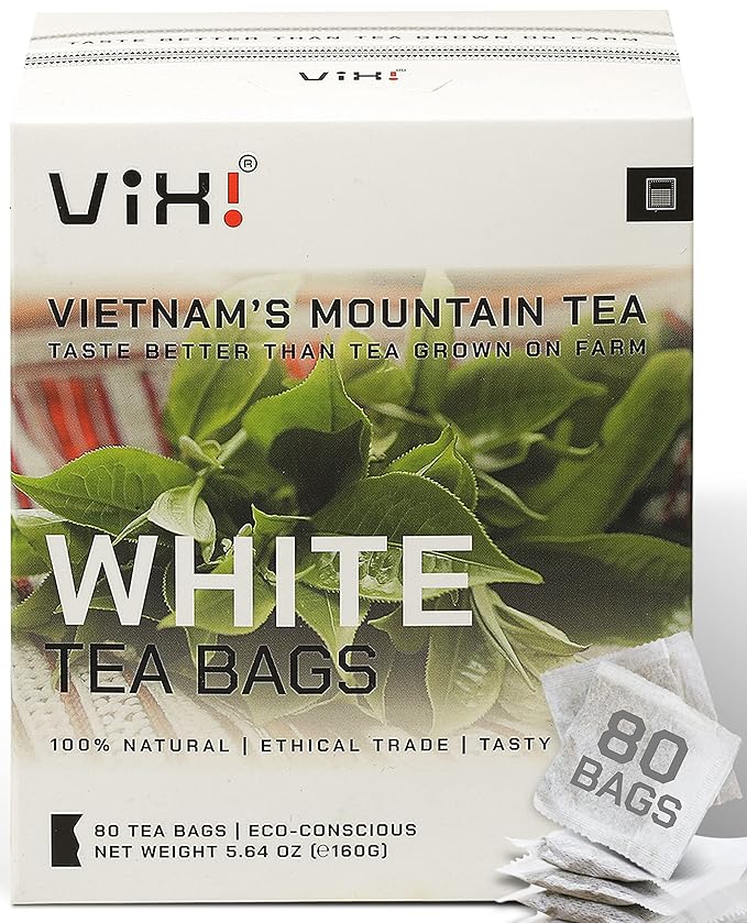 VIXI White Tea Bags, 80 Counts, Vietnam's Mountain Tea, Peony, Te Blanco, Flavored, Good Earth, Aroma, Caffeinated, Tagless, 100% Natural for Hot, Iced and Cold Brew