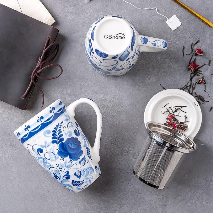 Gbhome Tea Mug with Infuser and Lid, 18 Ounce Large Ceramic Loose Leaf Tea Cup, Microwave, Dishwasher Safe Tea Steeping Mug
