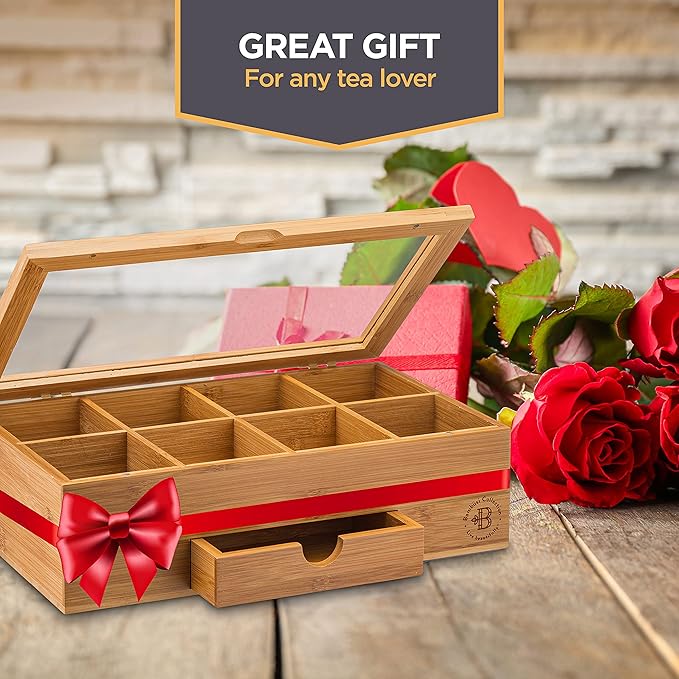 Tea Bag Organizer - Christmas Gift Bamboo Tea Box Organizer Storage Box, Tea Bag Holder with Drawer & Acrylic Window