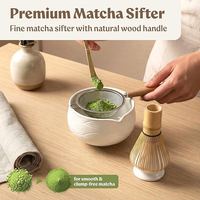 Matcha Kit Whisk Set (7 Pcs) - Complete Matcha Set, Matcha Bowl with with Bowl, Whisk and Holder, Bamboo Spoon/Scoop, Scoop Rester and Sifter incl