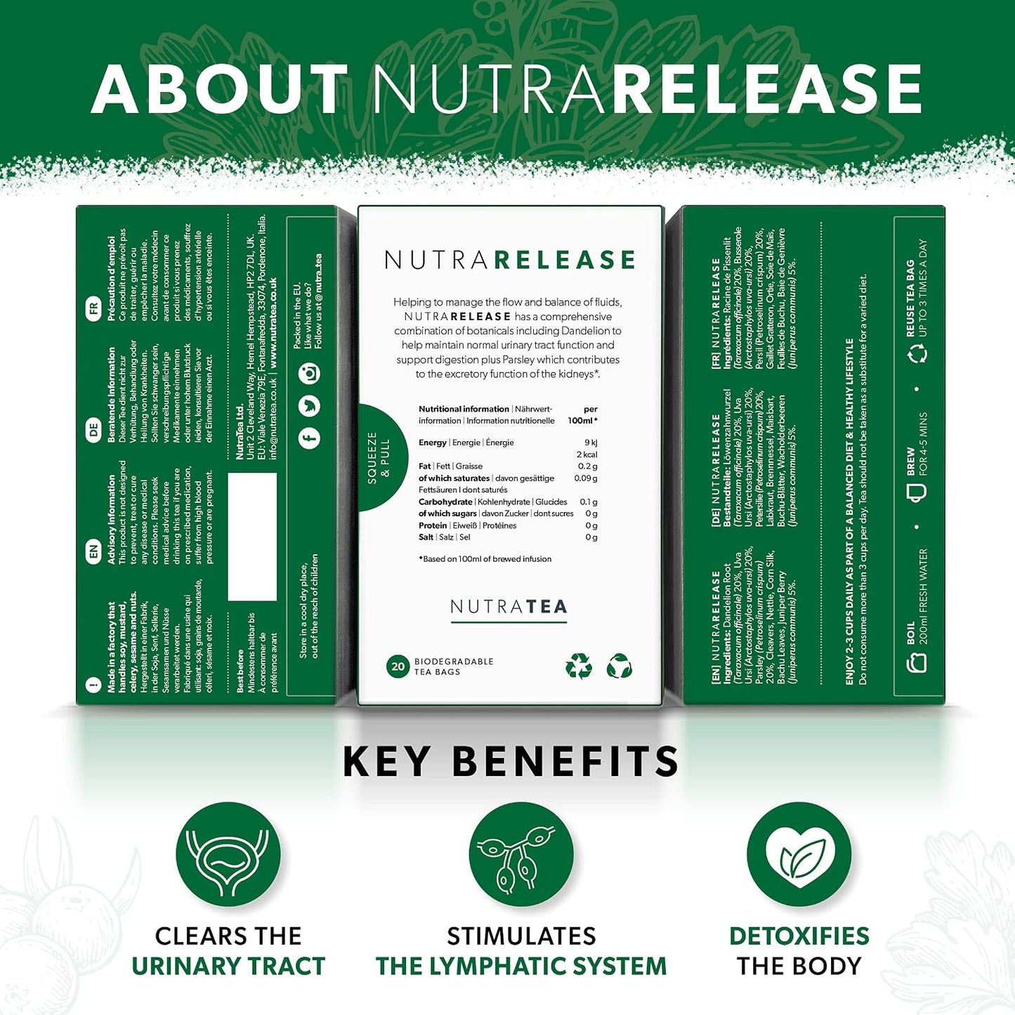 NUTRARELEASE - Water Retention Tea | Bloated Stomach Tea - Natural Diuretic For Water Balance - Includes Dandelion Root &amp; Bearberry - 40 Enveloped Tea Bags - by Nutra Tea - Herbal Tea - (2 Pack)