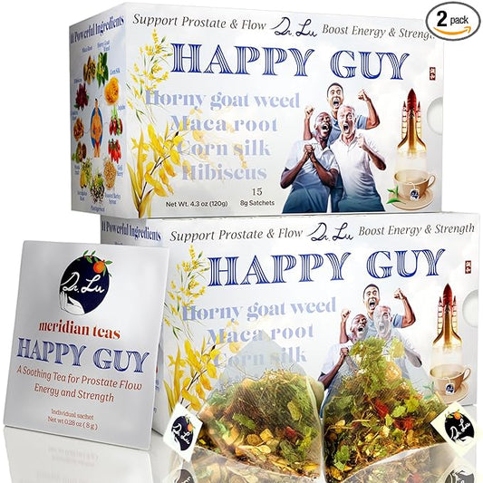2 Pack of Dr. Lu’s Meridian Tea – Happy Guy | 100% Natural Energy Tea for Men | 11-Herb Blend with Maca, Corn Silk & Hibiscus in Corn Fiber Tea Bags Made in USA