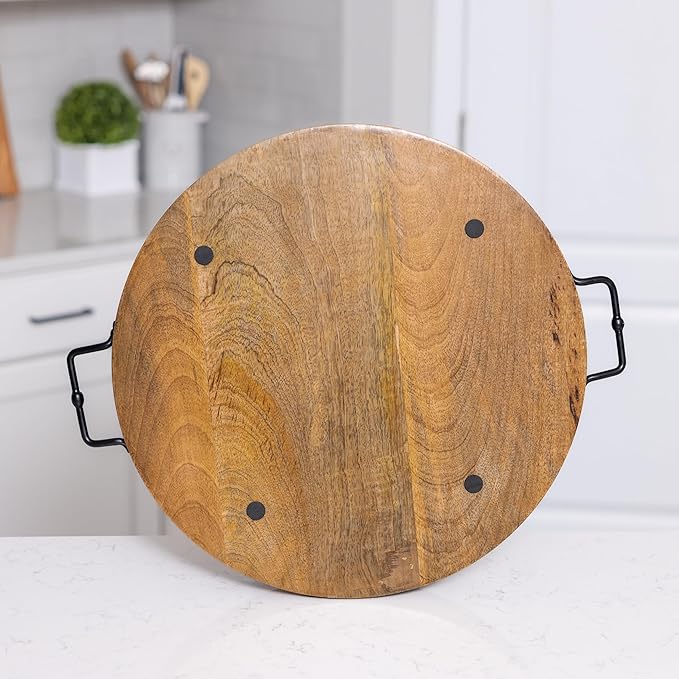 20" Extra Large Round Ottoman Tray, Heavy Duty Mango Wood, for Serving Tea, Breakfast in Bed