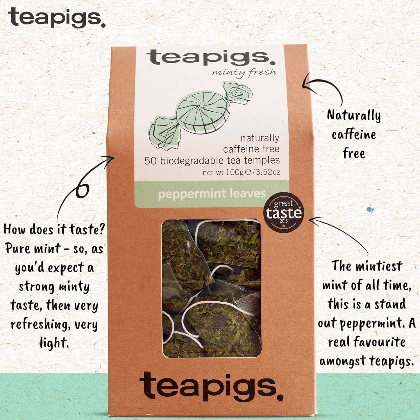 teapigs, Peppermint Leaves Tea, Made with Whole Leaves, Whole Leaf Tea Temples, 50 Count, Pack of 50, Cool, Crisp &amp; Refreshing