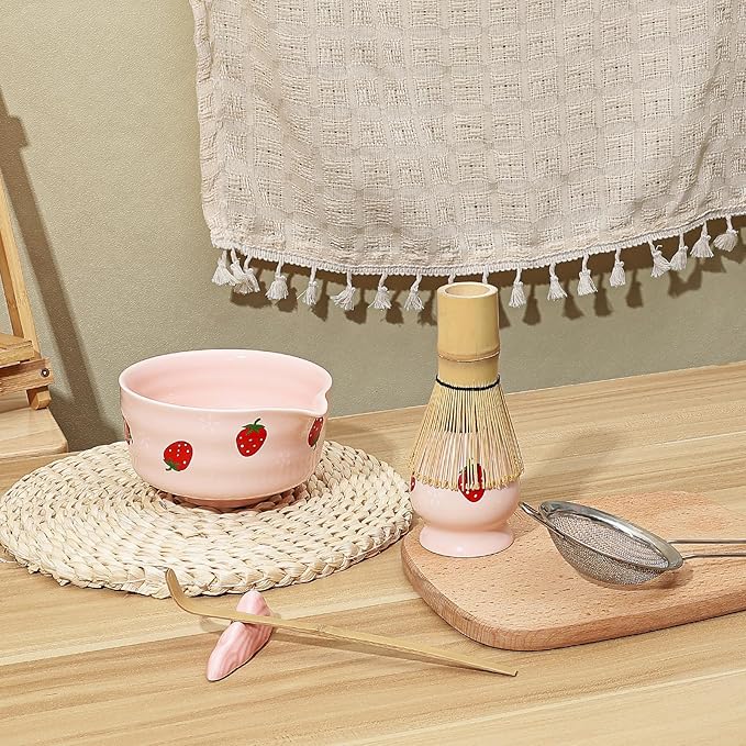 Koythin 7-Piece Ceramic Matcha Whisk Set, Adorable Strawberry Bowls Set with Whisk Holder Scoop Towel, Aesthetic Matcha Bowl Set for Ceremony (Pink)