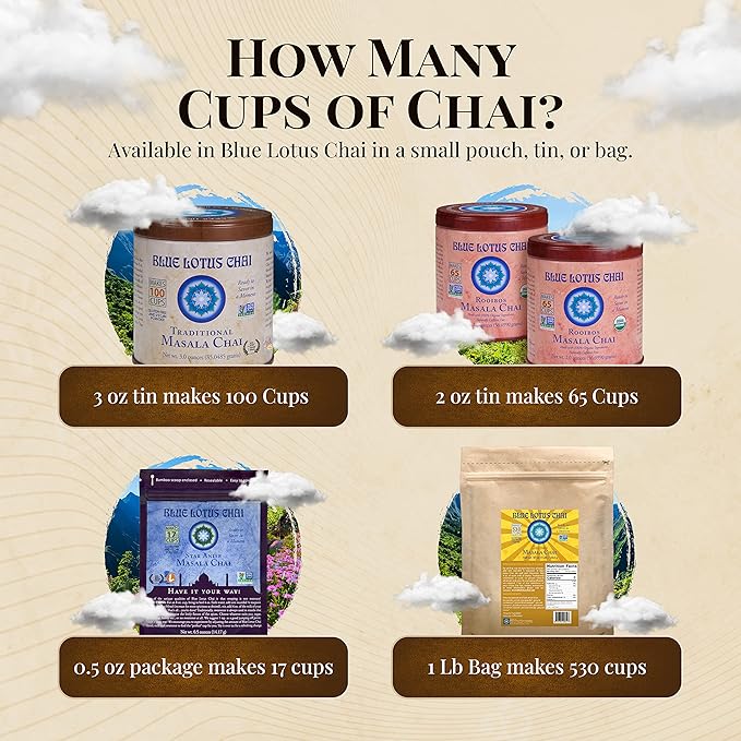 Blue Lotus Chai - Golden Masala Flavor Chai - Makes 100 Cups - 3 Ounce Masala Spiced Chai Powder with Organic Spices - Instant Indian Tea No Steeping - No Gluten