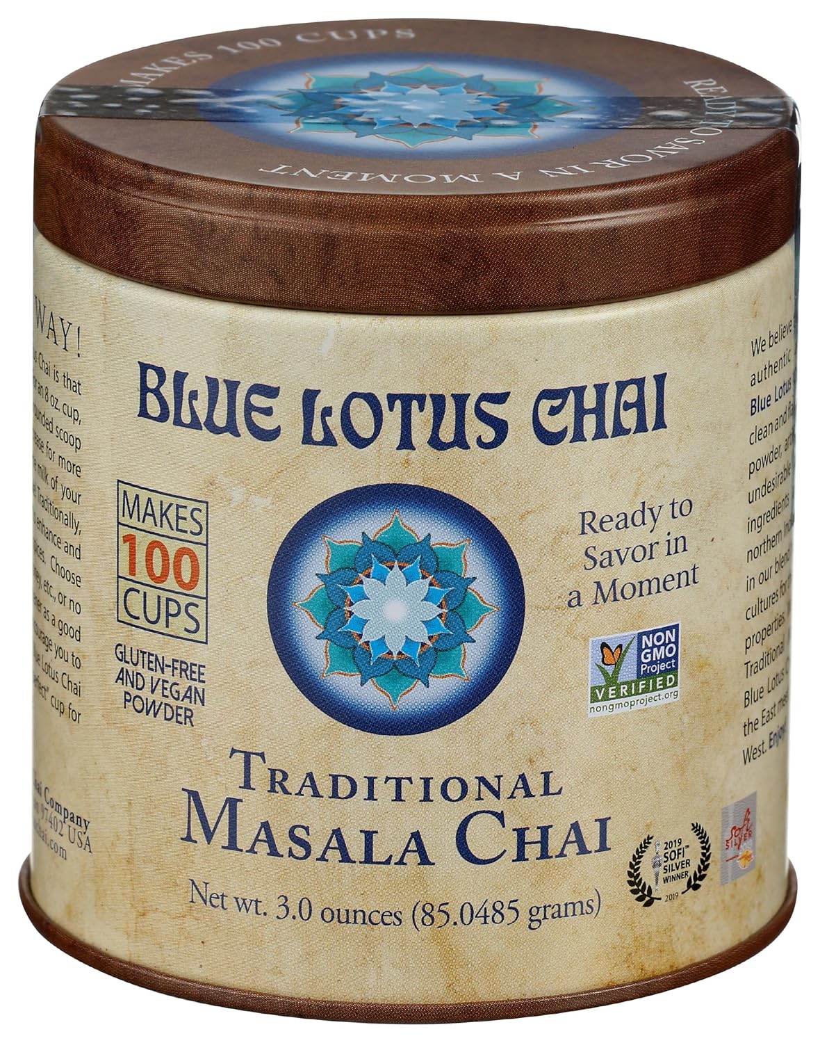Blue Lotus Chai - Traditional Masala Chai - Makes 100 Cups - 3 Ounce Masala Spiced Chai Powder with Organic Spices - Ins