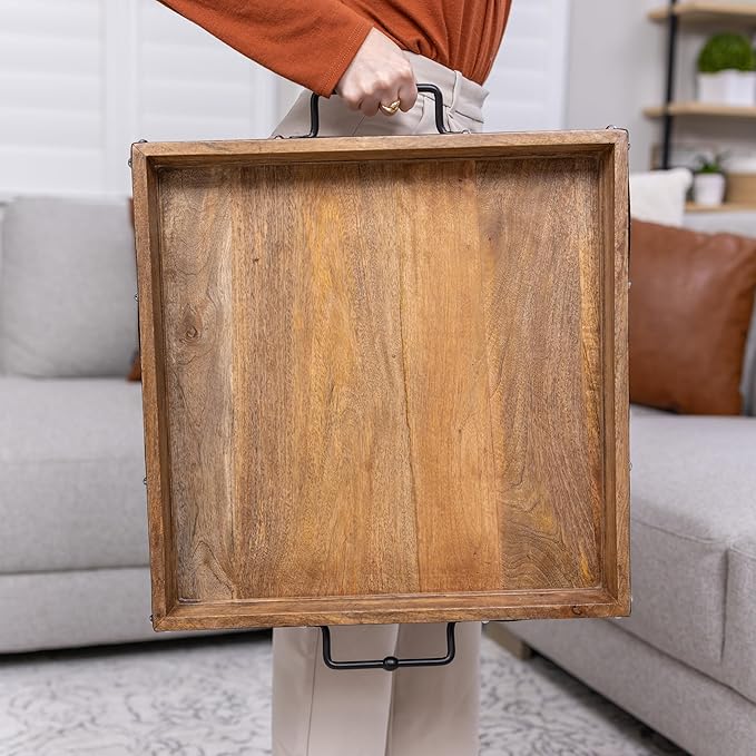 20"x20" Extra Large Square Ottoman Tray, Heavy Duty Mango Wood, for Serving Tea, Breakfast in Bed