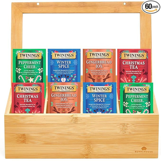 Twinings Christmas Holiday Tea Bag Variety Pack (60 Count), 4 Seasonal Flavors in a Bamboo Tea Chest Organizer, Gift for Women, Men, Friends, Couples, Mom, Dad, Family