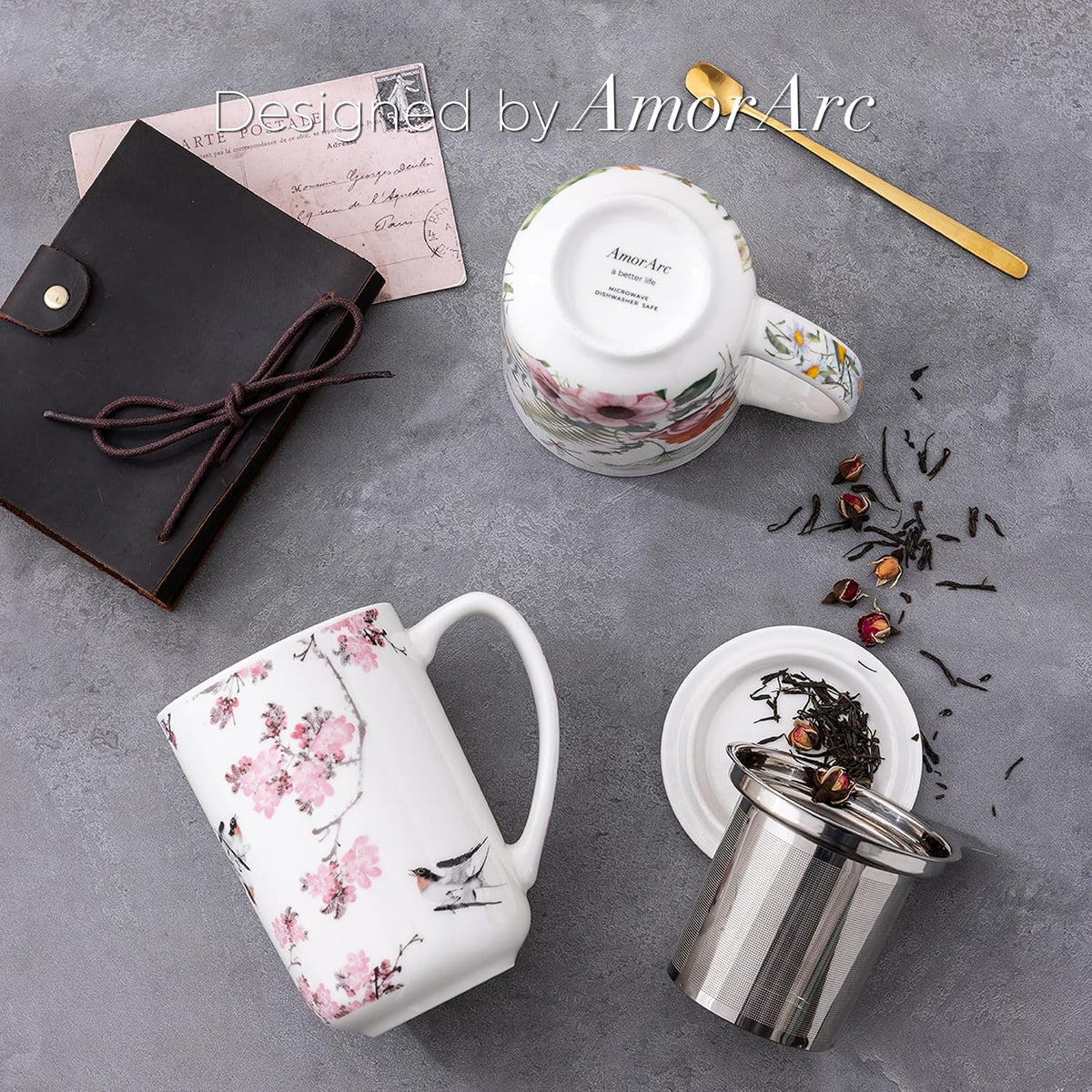 AmorArc Tea Cup With Infuser and Lid, 18oz Loose Leaf Tea Mug With Steeper